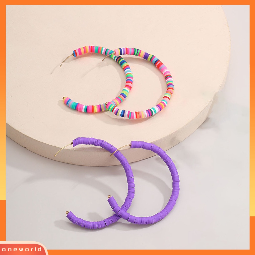 [WONE] 1pasang All-match Wanita Warna Pelangi Polymer Clay Bohemian Hoop Stud Earring Untuk Outdoor
