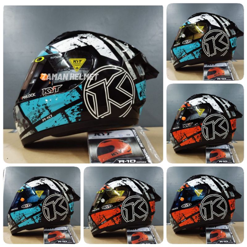HELM KYT R-10 AQUA BLUE DAN RED PAKET GANTENG VISOR IRIDIUM (include visor ori)
