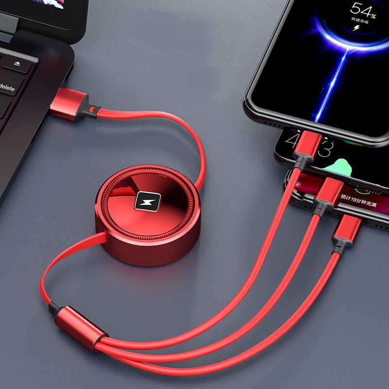 Mirror Four-core Three-in-One Mobile Phone Charging Cable 5A Super Fast Charge Satu Drag Tiga Kabel Data Teleskopik