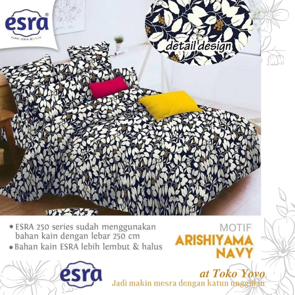 Sprei Katun Halus Pria Esra Arishiyama Navy Daun Putih Biru Seprei