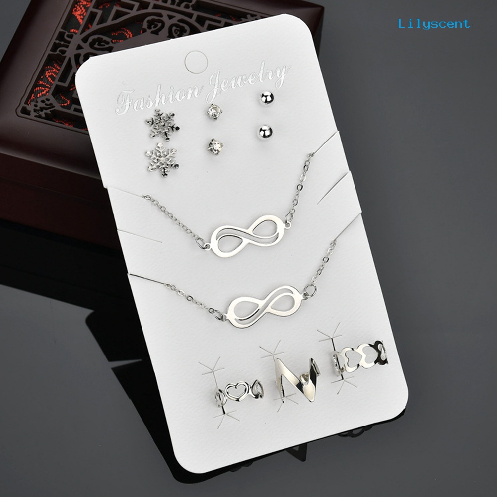 [LS] Simbol Kalung Snowflake Anting Cincin Gelang Wanita Set Perhiasan