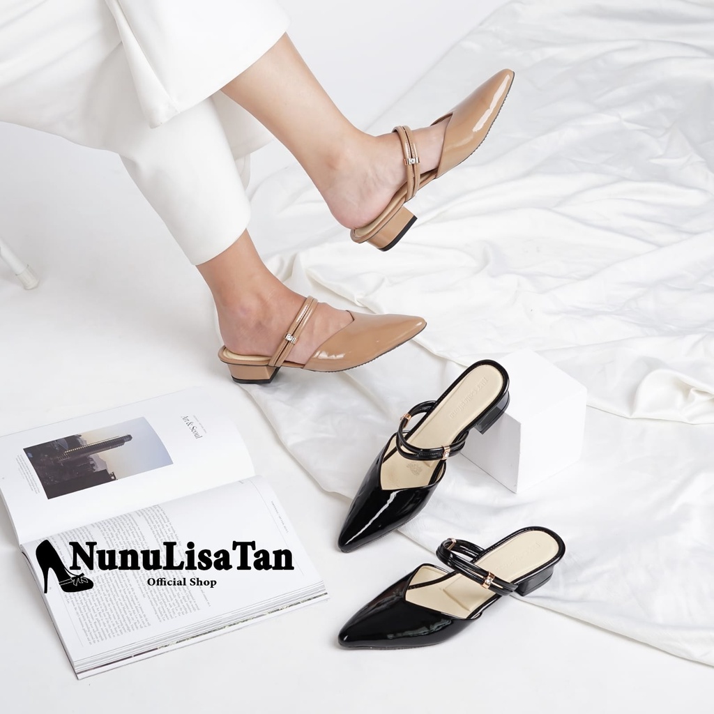 NunuLisaTan - High Heels Pantofel glossy 2 warna hitam mocca LAUREN