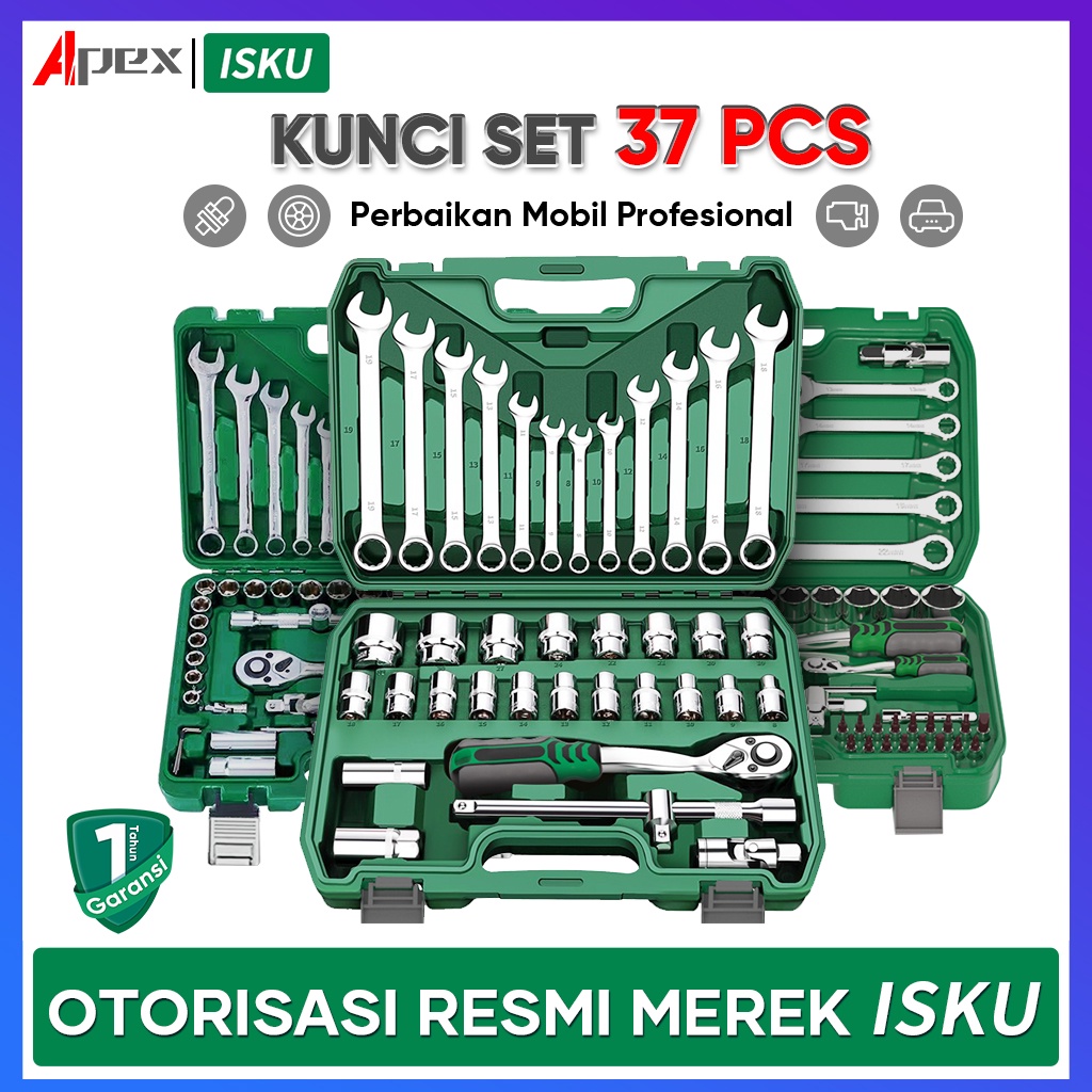 ISKU Kunci Shock Set 37pcs/Full Lengkap Socket Toolkit 37pcs Termasuk Kunci Pas Ring Set 12pcs Dan 21pcs Mata Shock