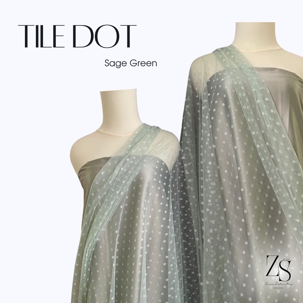 Bahan Kain Soft Tile Tille Tule Tulle Dot Dotty Warna Hijau Sage Green