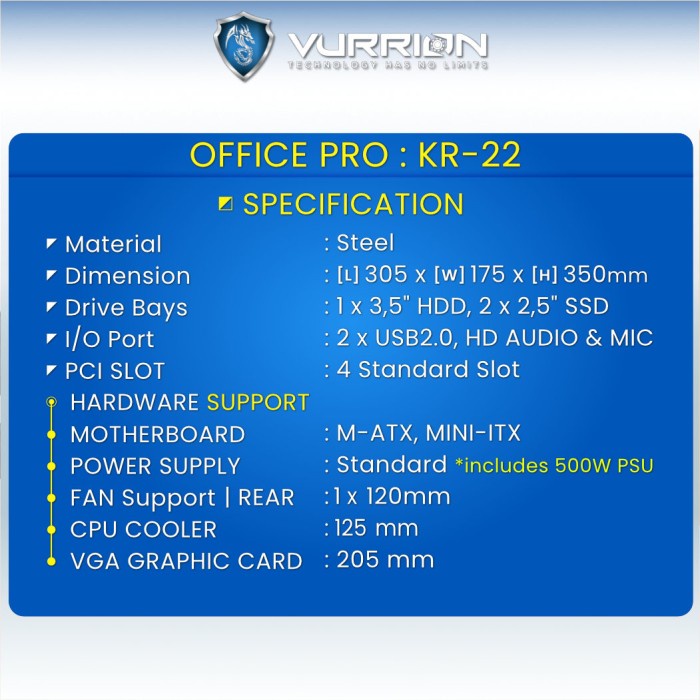 Casing VURRION OFFICE KR 22 FREE PSU 500W