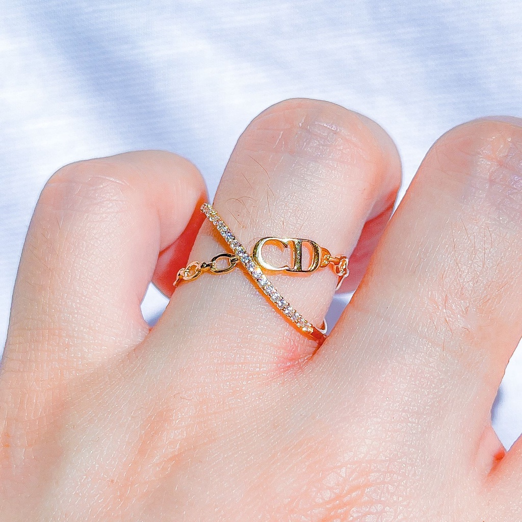 Cincin aesthetic anak dan dewasa emas asli kadar 700 70 16k branded Di*r permata CD X beige gold terbaru