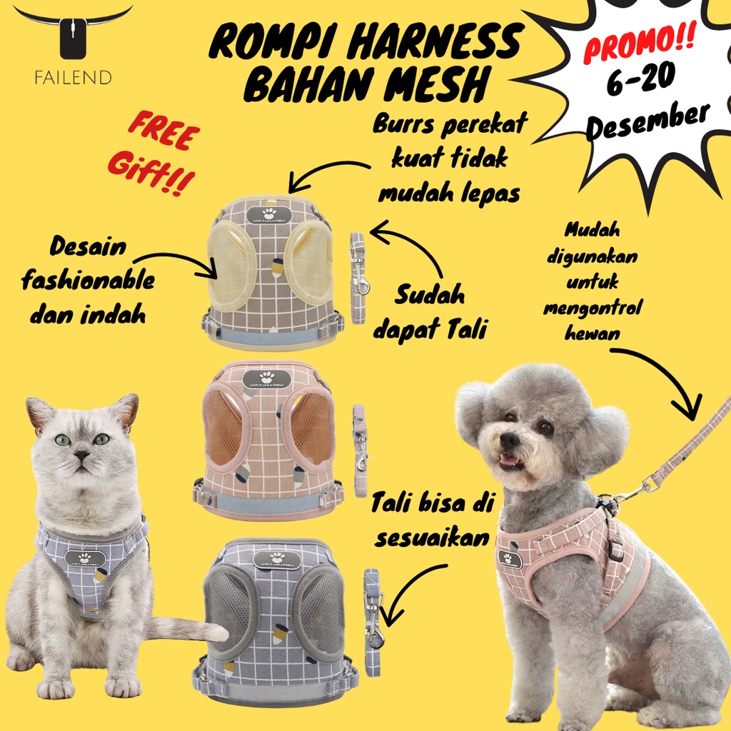 Rompi Harness Modis Mesh Lembut dengan Tali Pengikat Reflektif untuk Anjing / Kucing Kecil