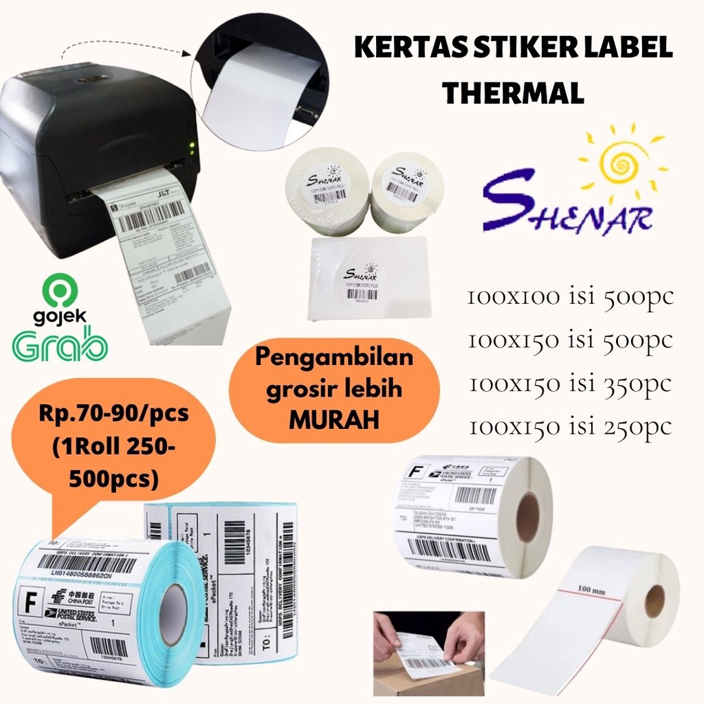 SHENAR,(COD) KERTAS LABEL STIKER THERMAL BARCODE / LABEL STICKER THERMAL 100 x 150 Isi 500pc Thermal Paper Roll / Lipat LEBEL BARCODE Lebih Tebal