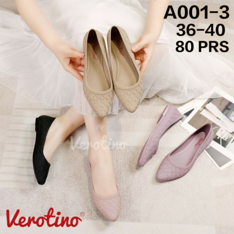 A001-3 Sepatu Jelly Wanita Verotino Kerja Flat Shoes Jely Elegan Nyaman Flatshoes Slop Selop Cewek Perempuan Rumah Karet Lentur Sekolah Kuliah Impor A001 Hitam Import