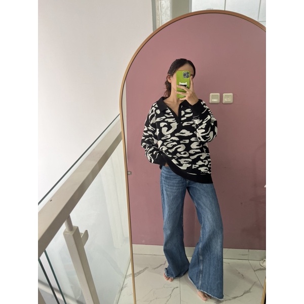 Sweater cow knit premium ( blue and black po ) magenta ready