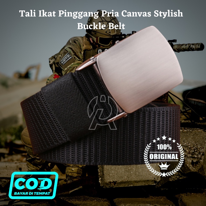 TERMURAH Sabuk Tali Ikat Pinggang Pria Canvas Stylish Buckle Belt Besi Black