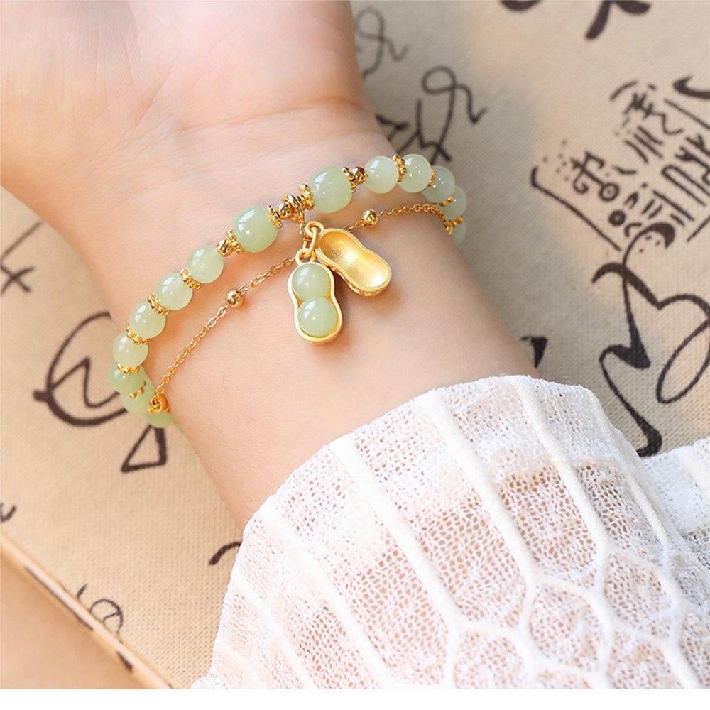 Woman light luxury Elegan retro peanut pendant Jade double-layer Rantai Gelang Perhiasan Hadiah