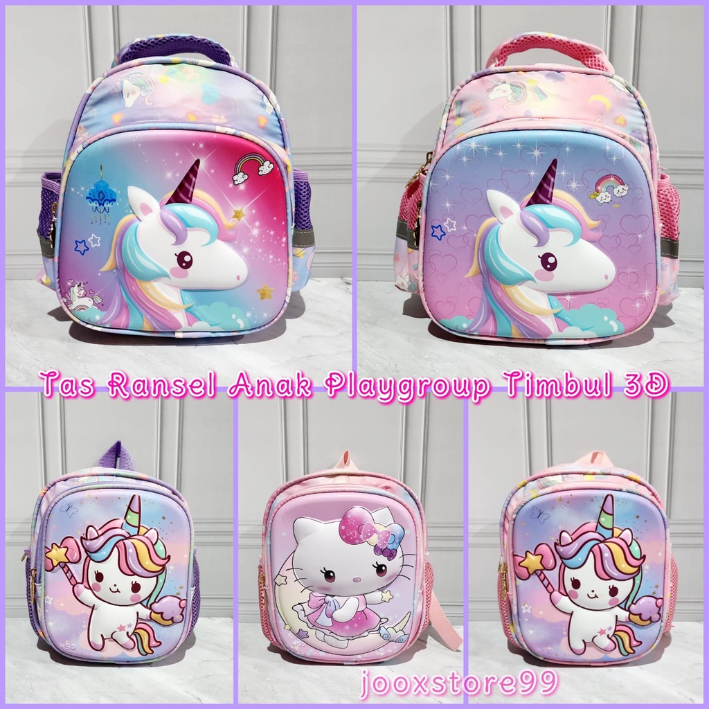 Tas Sekolah Ransel Anak TK dan Paud dan Playgroup Motif Unicorn Hellokitty Astronot Timbul 3D Backpack Anak Perempuan Ransel Sekolah dan jalan jalan