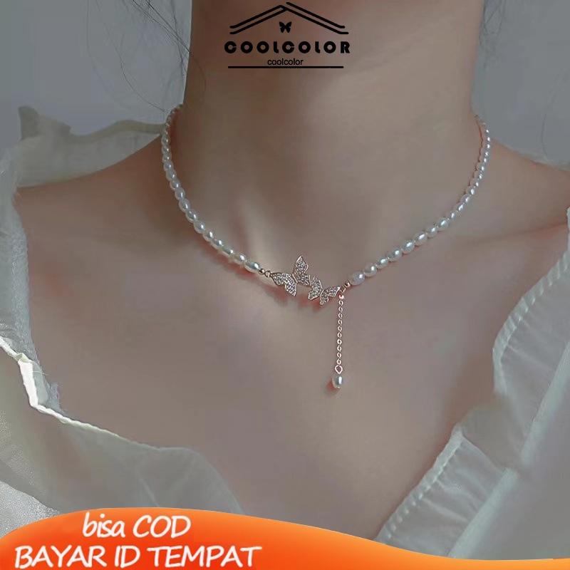 COD❤️Kalung kupu-kupu Zircon Pearl Pendant Fashion Temperamen Cahaya Mewah Ringan Murah Aksesoris Wanita Fashion