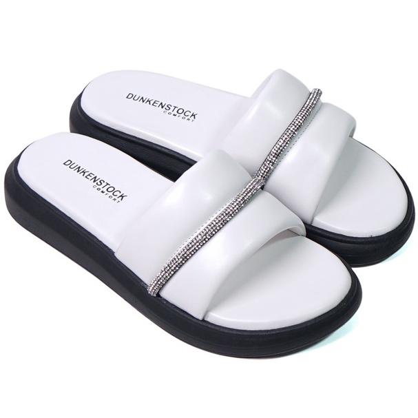 SARASARA YUK - Dunkenstock AGNES Sandal Wanita Tinggi 4cm Size 36 - 40 Selop Tidak Licin Sendal Beleza Wedges Slop Birken Kristal Belleza 37 38 39 Warna Putih White Anti Slip Sara Sara Kekinian Premium Terbaru Shoes Ori Original Mall Official Store