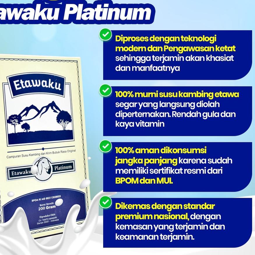 

READY ✅Etawaku Platinum || Susu Kambing Etawa Murni Rendah Gula Bebas Pengawet Efektif Atasi Masalah Nyeri Sendi & Tulang Masalah Pernafasan Jaga Kesehatan Jantung Cegah & Menurunkan Diabetes Kolesterol Lancarkan Produksi ASI 200g|KD9