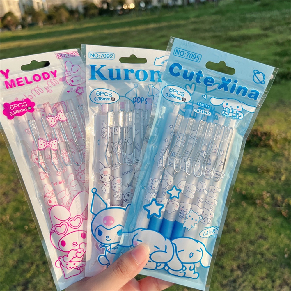 6pc/set Siswa sanrio Kartun Lucu Melody Kuromi 0.5mm Hitam Tinta Menulis pen Kantor Penandatanganan pen