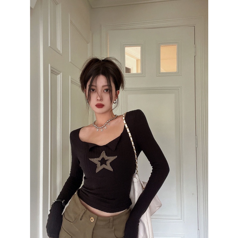 ⊕▪Suhao Inner Pendek Pullover Top Gaya Korea Chic Pola Bintang Musim Gugur Slim Lengan Panjang T-shirt Kemeja Wanita Retro