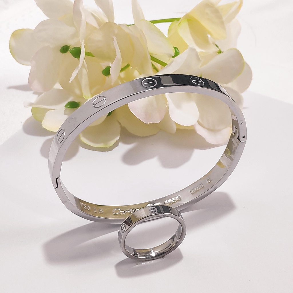 Set Gelang Silver Polos Titanium Premium Motif (e) &amp; Cincin Titanium CR011