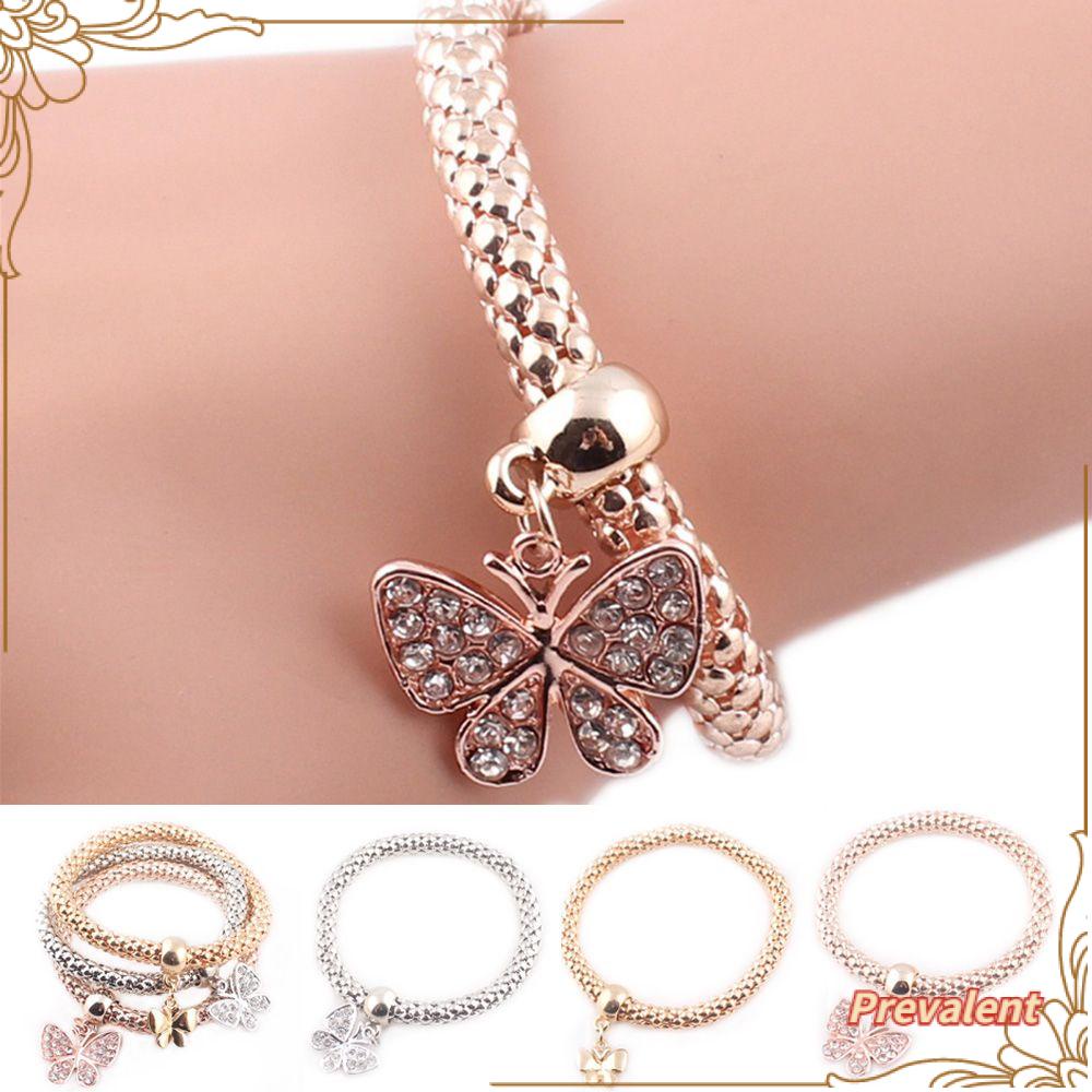 Preva 3Pcs /set Multilayer Charm Gelang Fashion Perak Emas Rose Gold Chic Kupu/ Liontin Hati