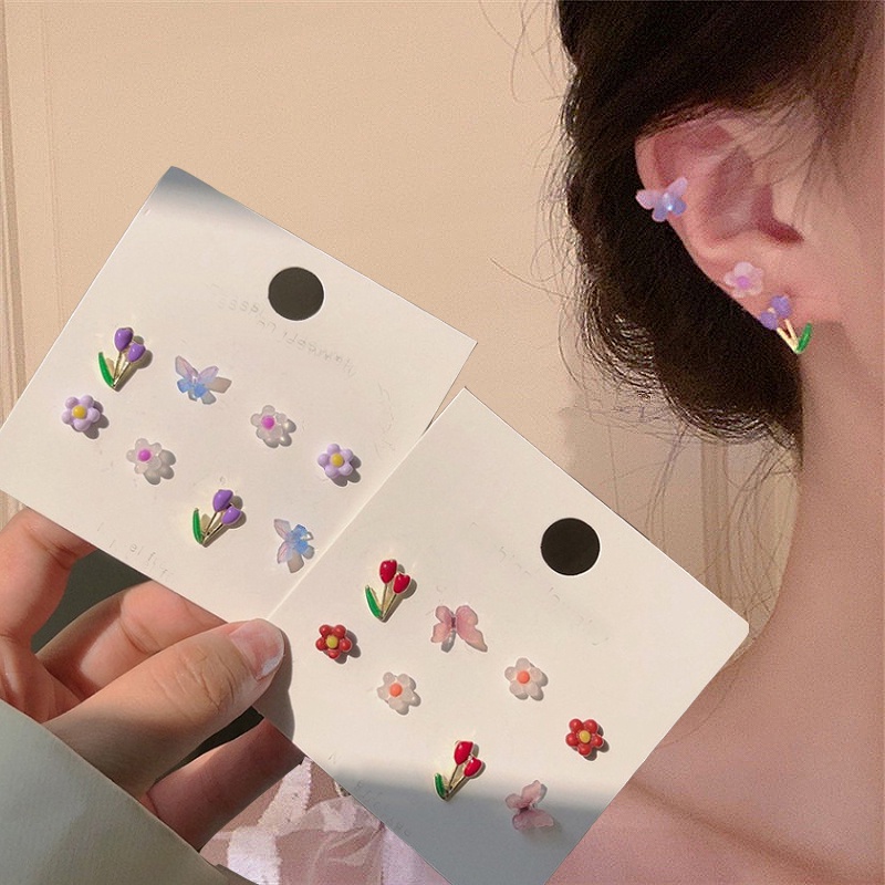 8 Pasang / Set Anting Stud Bentuk Bunga Tulip Butterfly Warna-Warni Gaya Simple Untuk Wanita