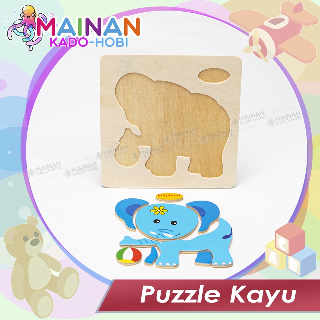 MAINAN ANAK MENGASAH OTAK PUZZLE KAYU JIGSAW PUZZLE KARAKTER ELEPHANT GAJAH