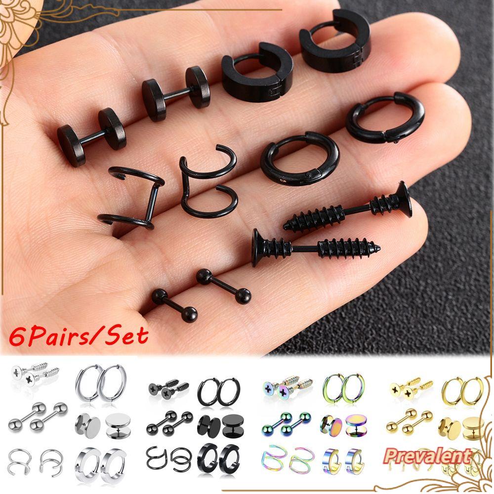 Preva 6pasang/Set Anting Set Wanita Pria Gothic Barbel Bar Stainless Steel Perhiasan Tindik Tubuh Tragus Earrings Hitam Dumbbell Stud