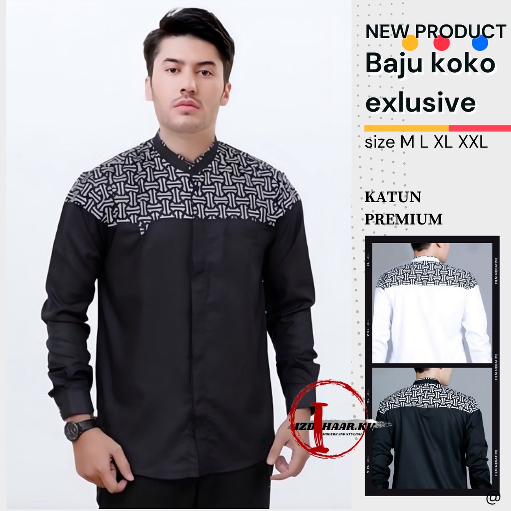 Baju koko Pria Dewasa Lengan Panjang kombinasi Batik bahan katun/baju koko hitam lengan panjang/ pakaian muslim pria/baju taqwa lengan panjang/baju koko batik/baju koko jumbo