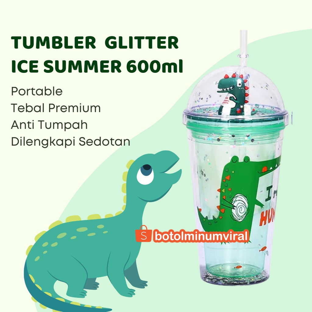 Botol Minum Glitter Tumblr Unicorn Dino Sedotan Viral Hadiah Aesthetic Premium Import