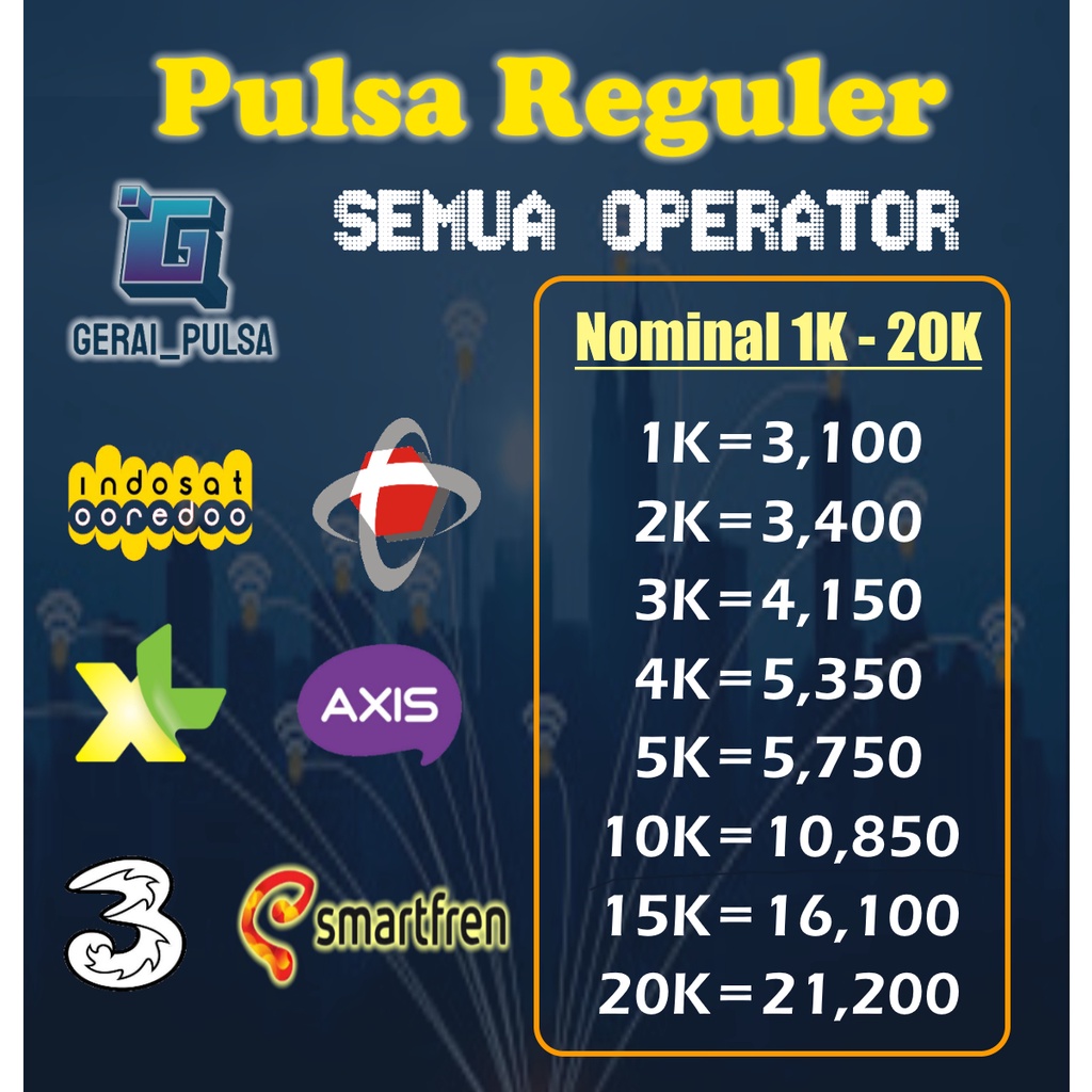 Pulsa Reguler All Operator Telkomsel Indosat Three Smart Xl Axis Byu 1 2 3 4 5 10 15 20 rb