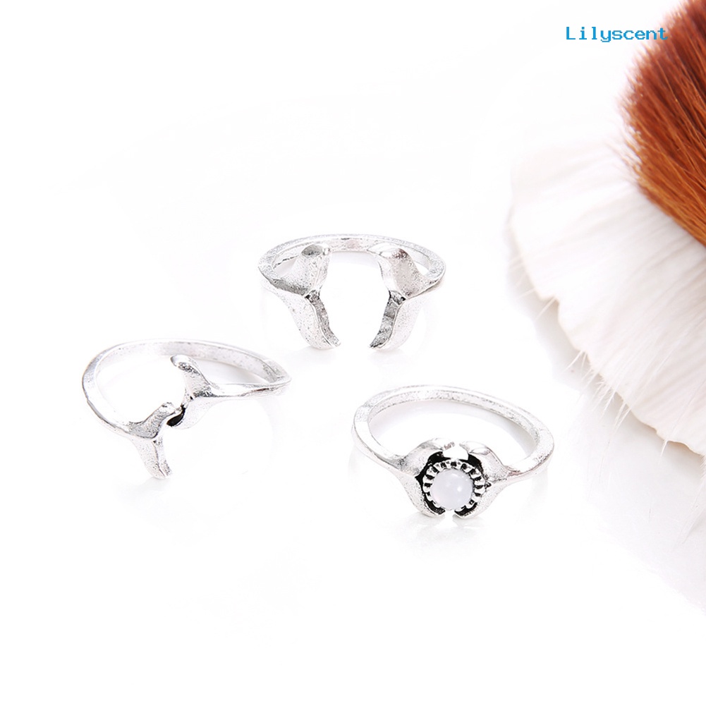 [LS] 3pcs/set Wanita Fashion Ikan Paus Ekor Imitasi Batu Permata Midi Knuckle Jari Cincin Perhiasan