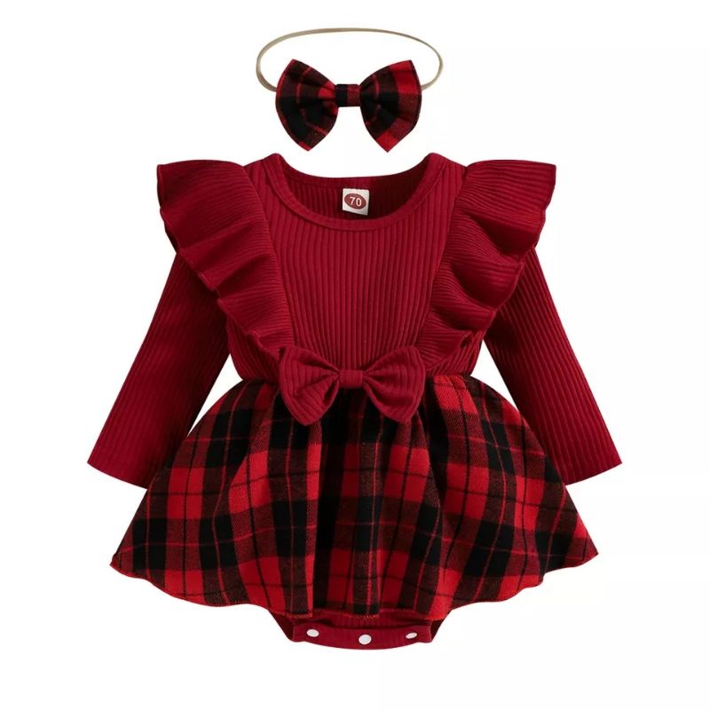 baju anak perempuan romper rok merah kotak dengan headband