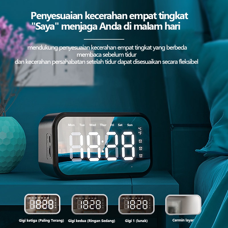 Mini Desktop Wireless Bluetooth Speaker Cermin Smart Touch Jam Alarm Subwoofer Kolom Panggilan Handsfree/Kartu TF/FM