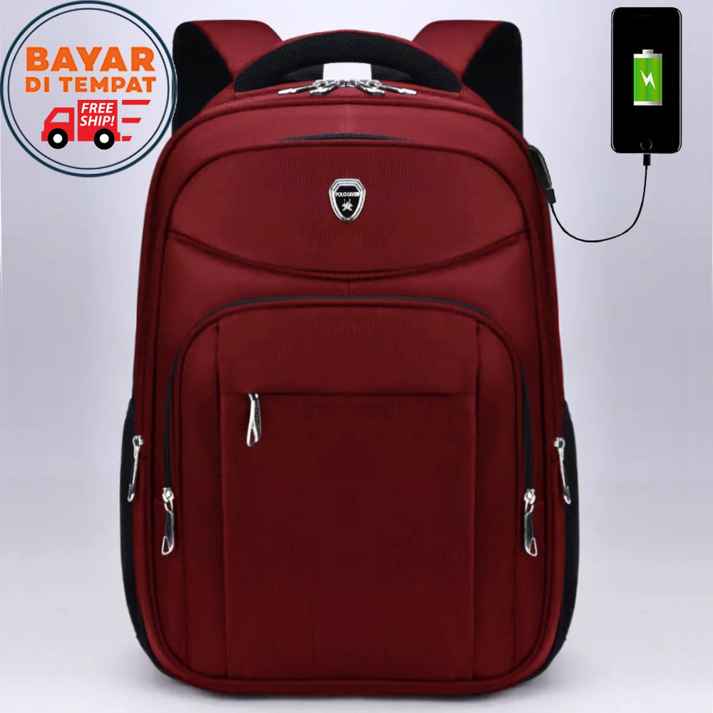 RANSEL IMPOR JUMBO UKURAN 20 INCH LAPTOP MERK POLO SUPER WARNA HITAM COKLAT DAN BIRU NAVY-merah