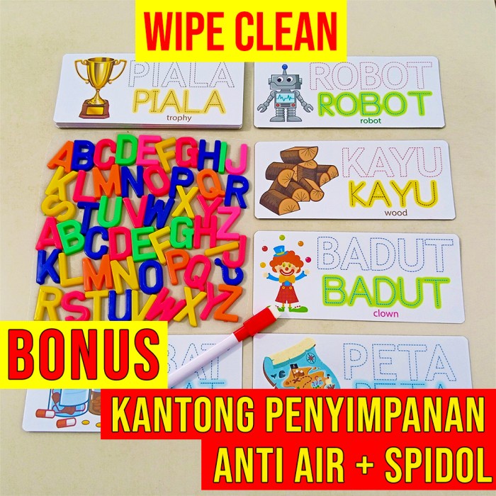 Card Flash Card Anak Wipe Clean Kartu Besar + Huruf + Spidol