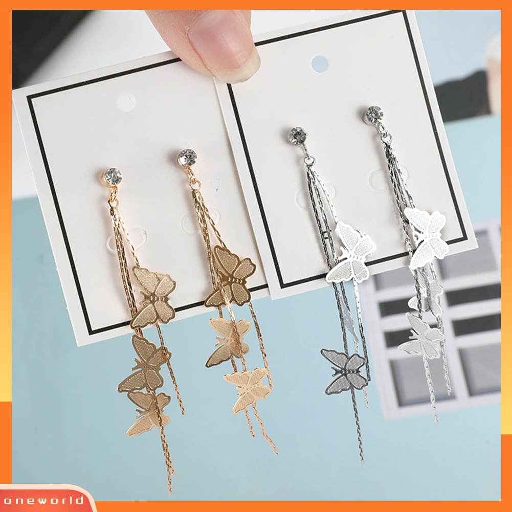 [WONE] Fashion Wanita Kupu-Kupu Rumbai Panjang Menjuntai Berlian Imitasi Stud Earrings Jewelry