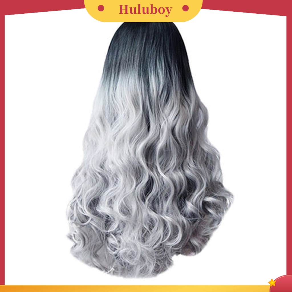 Wig Rambut Keriting Panjang Warna Gradasi Silver Abu-Abu Adjustable Untuk Makeup