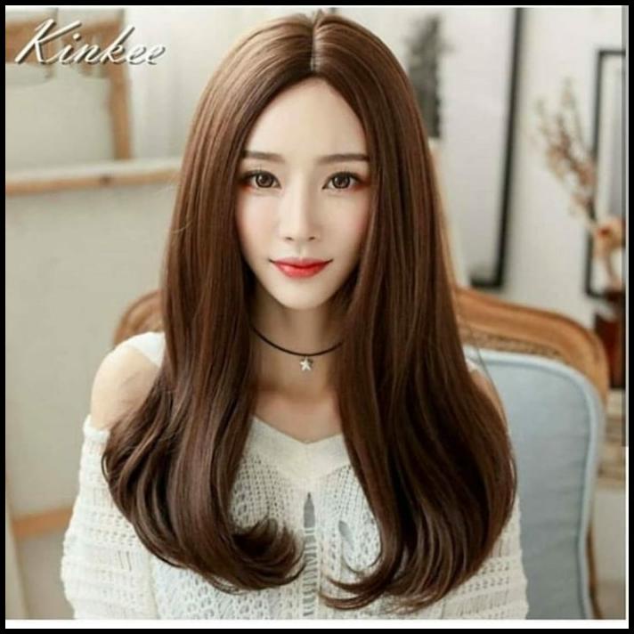 Wig Korea Belah Tengah Lurus Sedada Medium Wig Rambut Asli Wig Wanita
