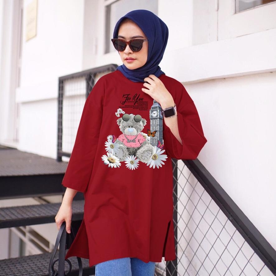 KAOS OVERSIZE TOP HIJAB WANITA BASIC DTF BUNGA BEAR / OVERSIZE SLIT BLOUSE GAMBAR DTF / DIGITAL PRINT
