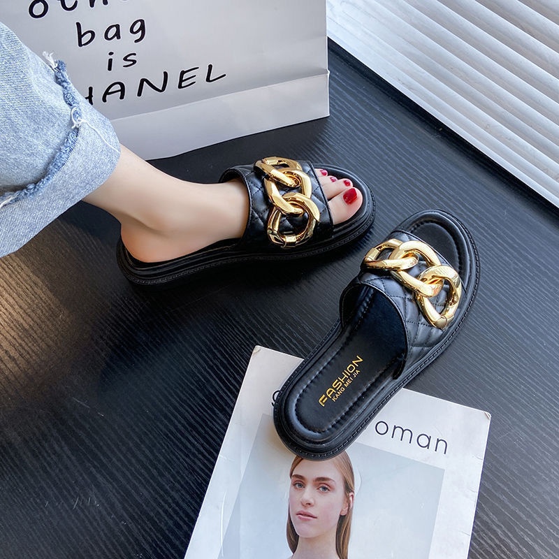 Sandal Slop Flat Wanita Model Slip On Wedges Motif Rantai Bulat Fashion Korea Style Kasual Cewek Nyaman Empuk PVC Azgalery SPT-40