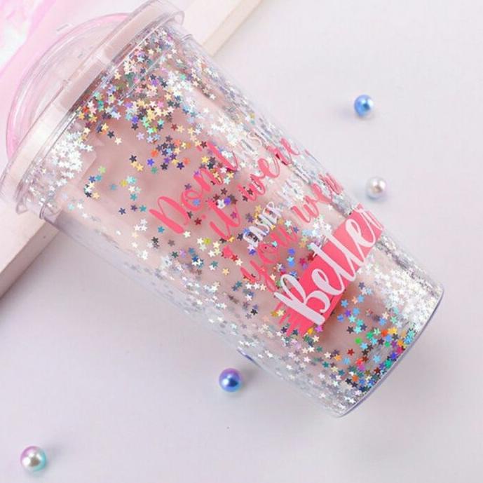 Diskon Besar➽ ➽ Glitter Tumbler Cups Blink Gelas Botol Minum Air Sedotan 450ml + Free Buble Wrap CU6