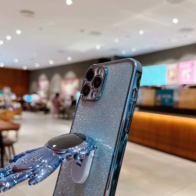 IPHONE Luxury Astronot Electroplated Transparan Kickstand Cover Case Untuk Iphone11 12 13 14 Pro Max XS X XR 78 Plus Se2020 22 Sarung Kickstand Mini Glitter