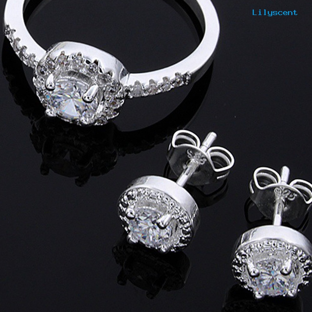 [LS] 1set Set Perhiasan Wanita Elegan Temperamen Mengkilap Berkilau Electroplating Berdandan Hadiah Cubic Zirconia Pendant Kalung Stud Anting Cincin Set Pernikahan Pernyataan