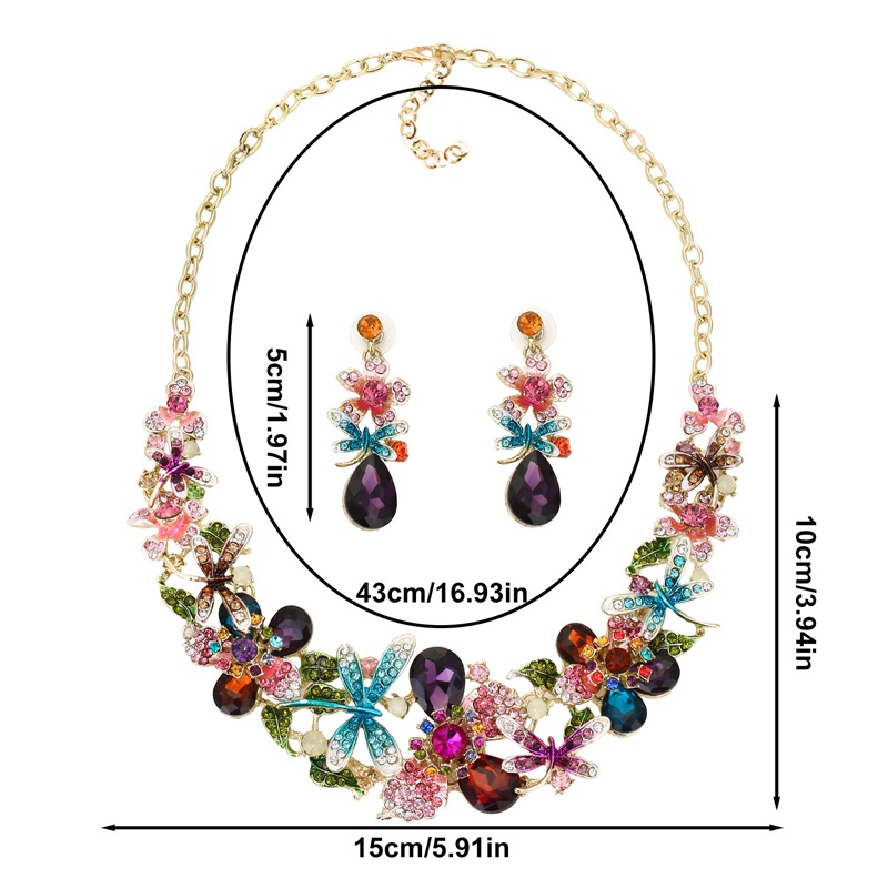 Mewah Multi Warna-Warni Kristal Capung Bridal Perhiasan Set Kalung Anting Wanita Pesta Berlian Imitasi Hadiah Pernikahan Aksesoris