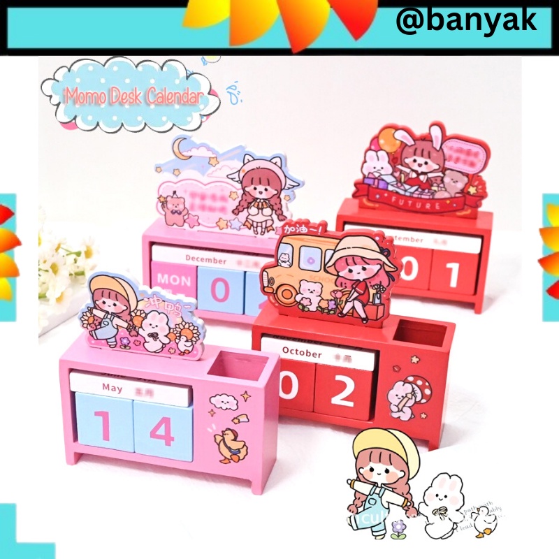 Kalender Kayu Momo Plus Tempat Pen Wooden Calendar with Pen Holder Kalender Meja Motif Kartun Aesthetic Lucu Warna Pastel @banyak