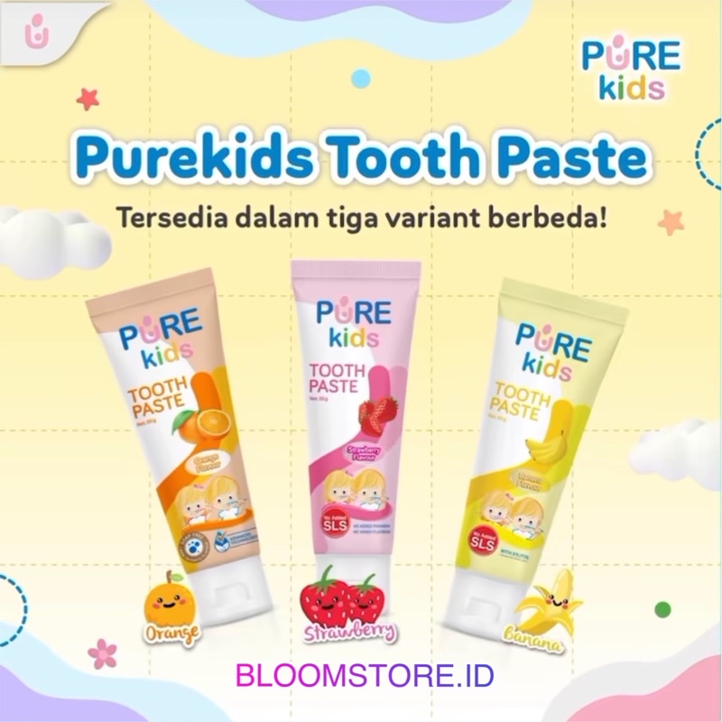 PURE KID KIDS Toothpaste Tooth Paste Rasa Pisang Stroberi Strawberry Banana Flavour Odol Pasta Gigi Anak Bayi 50 g gr gram 50g 50gr 50gram Original Murah Termurah PureKids PureKid Baby PureBaby BB PureBB