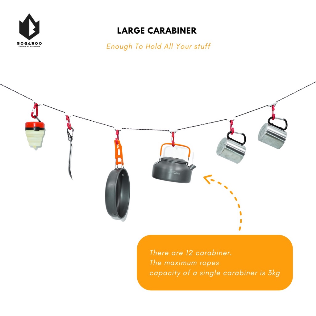 BOGABOO hanging HOOK multipurpose - jemuran - hanging rack - hanging rack ropes camping - hanging hook - guyline karabiner dan tali perusik