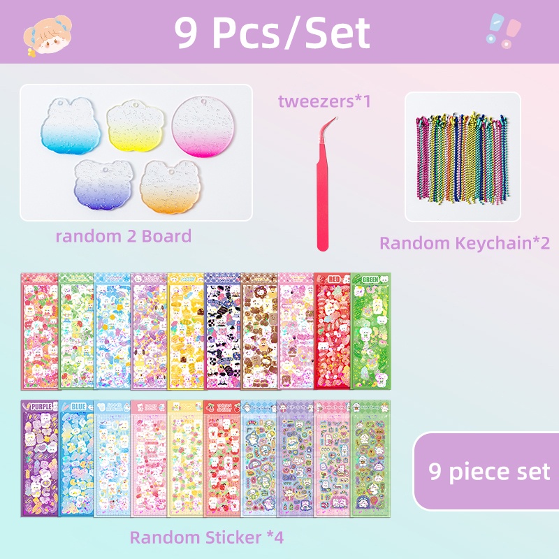 9pcs Set Kartu Stiker Kartun Gradien Berkilauan Siswa Dekoratif DIY Stiker Bahan Set