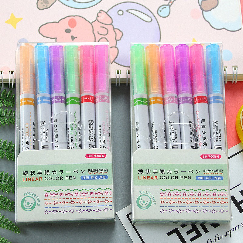 6 pcs Color Liner Pensil Pen Pena Garis Rol Warna Bermotif GMALL-ST0115