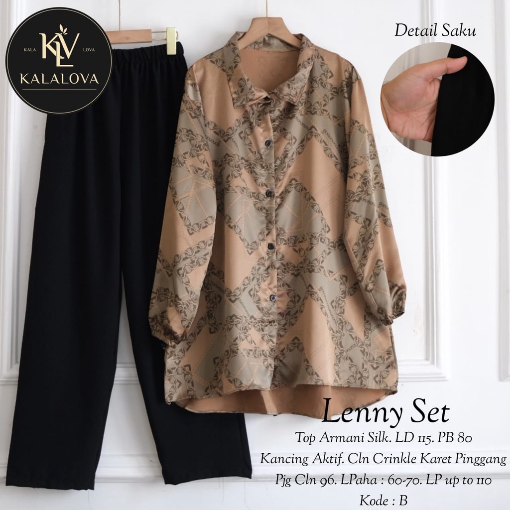 LENNY SET ORIGINAL KALALOVA SETELAN BAJU WANITA TUNIK TOP ARMANI SILK DAN CELANA CRINKLE POLOS ONESE
